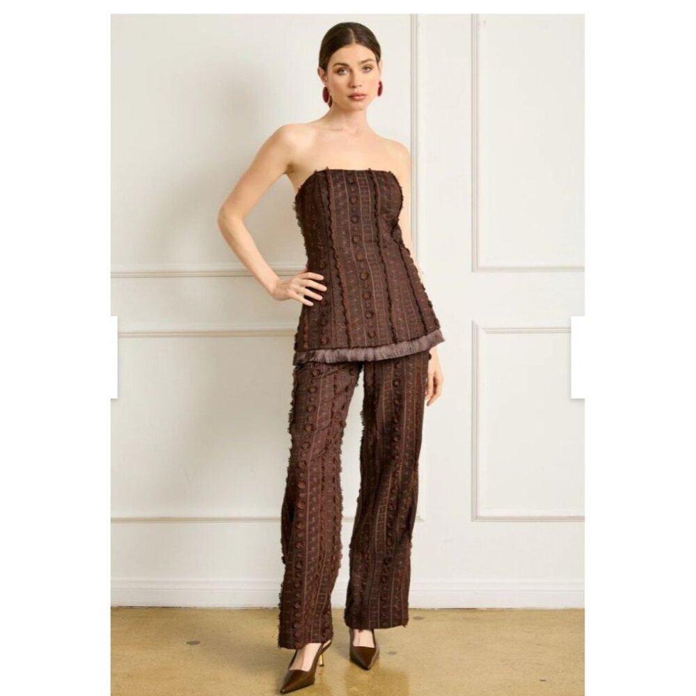 Line & Dot Brown Panna Pants Size M 3D Raised Embroidery Textured Artsy Bohemian
